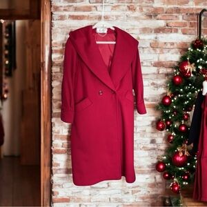 BEAU BREM Vintage Long Red Wool Hooded Trench Coat with Hood 8P Petite Exc Cond.